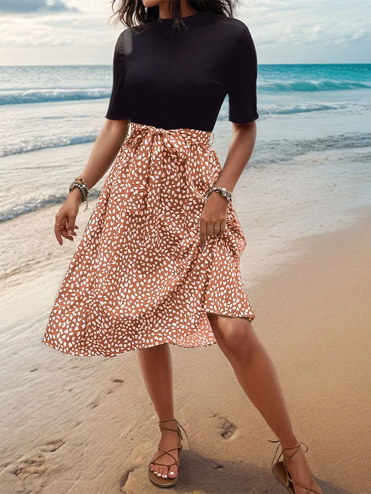 Women's T Shirt Dress Casual Elegant High Neck Short Sleeve Leaf Stripe Knee-Length Holiday Daily display picture 44