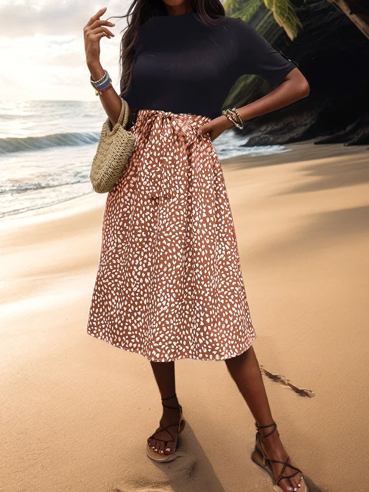 Women's T Shirt Dress Casual Elegant High Neck Short Sleeve Leaf Stripe Knee-Length Holiday Daily display picture 45