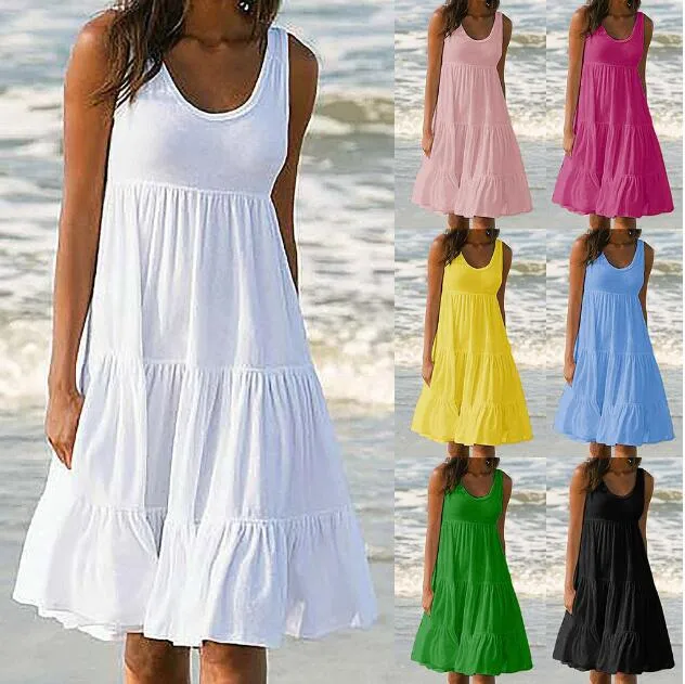 Explosions Women's 7-color 5-size Sleeveless Round Neck Stitching Large Pendulum Beach Skirt S-5XL 16 Spot display picture 9