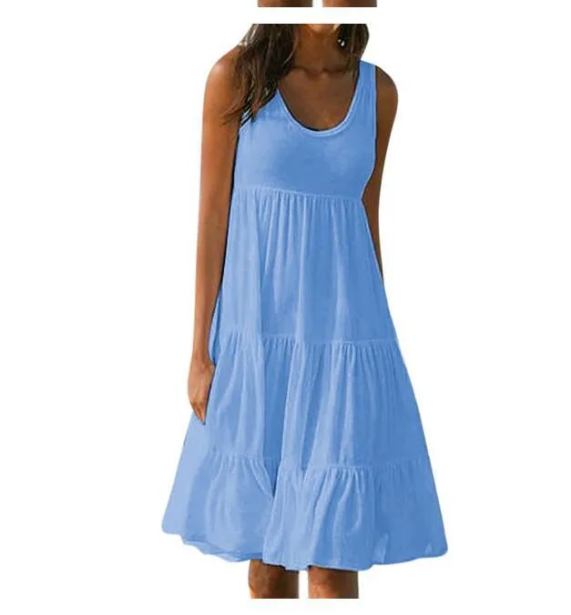 Explosions Women's 7-color 5-size Sleeveless Round Neck Stitching Large Pendulum Beach Skirt S-5XL 16 Spot display picture 1