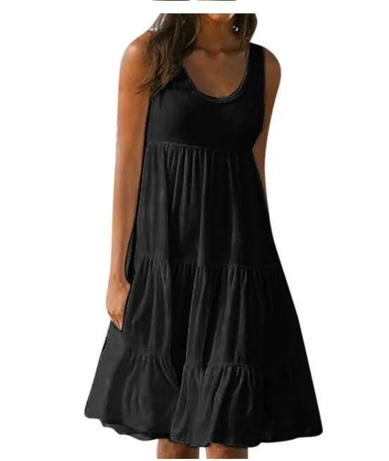 Explosions Women's 7-color 5-size Sleeveless Round Neck Stitching Large Pendulum Beach Skirt S-5XL 16 Spot display picture 2