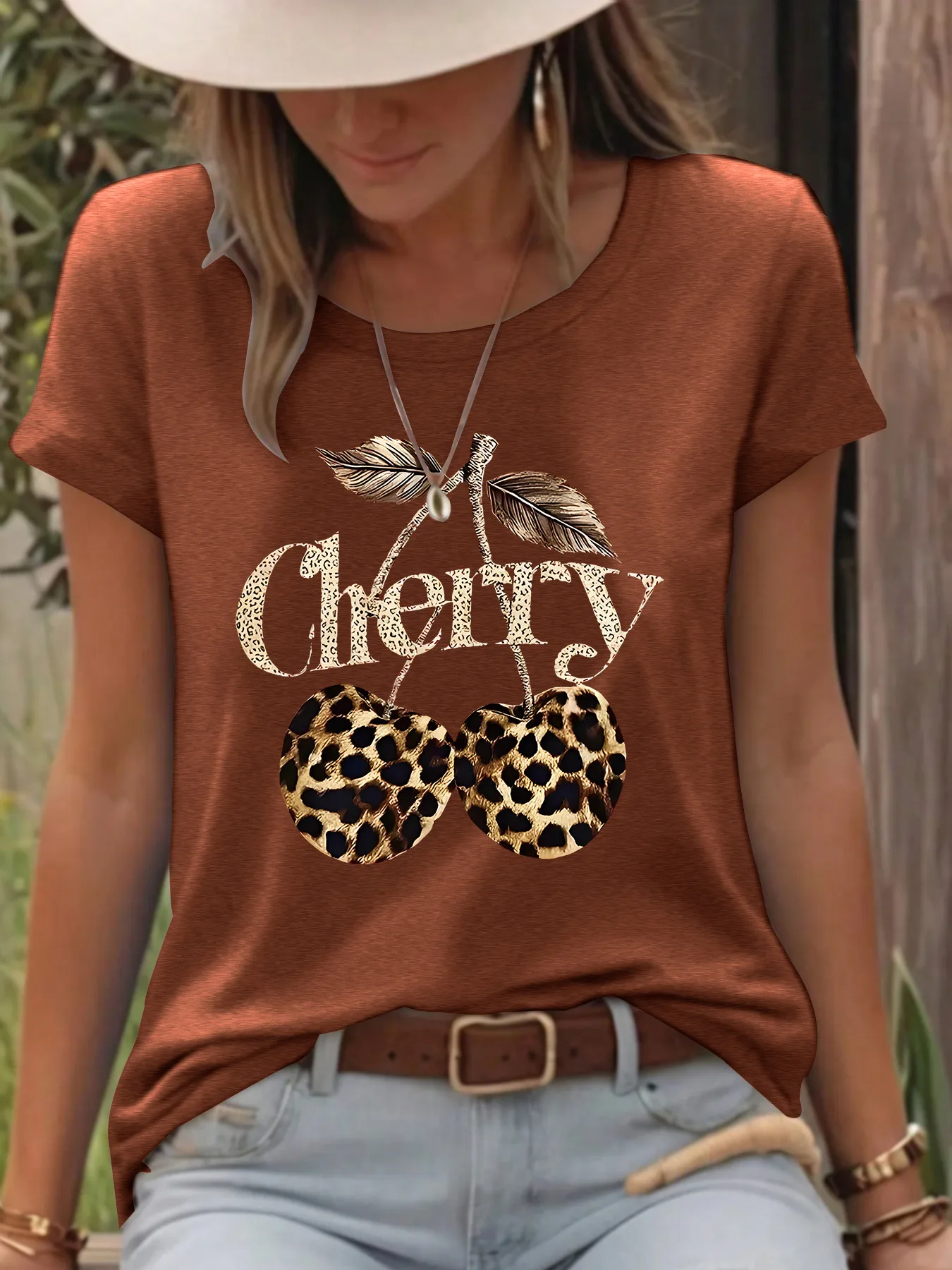 Women's T-shirt Short Sleeve T-Shirts Printing Casual Pastoral Streetwear Vocabulary Words/Name Cherry Leopard display picture 1