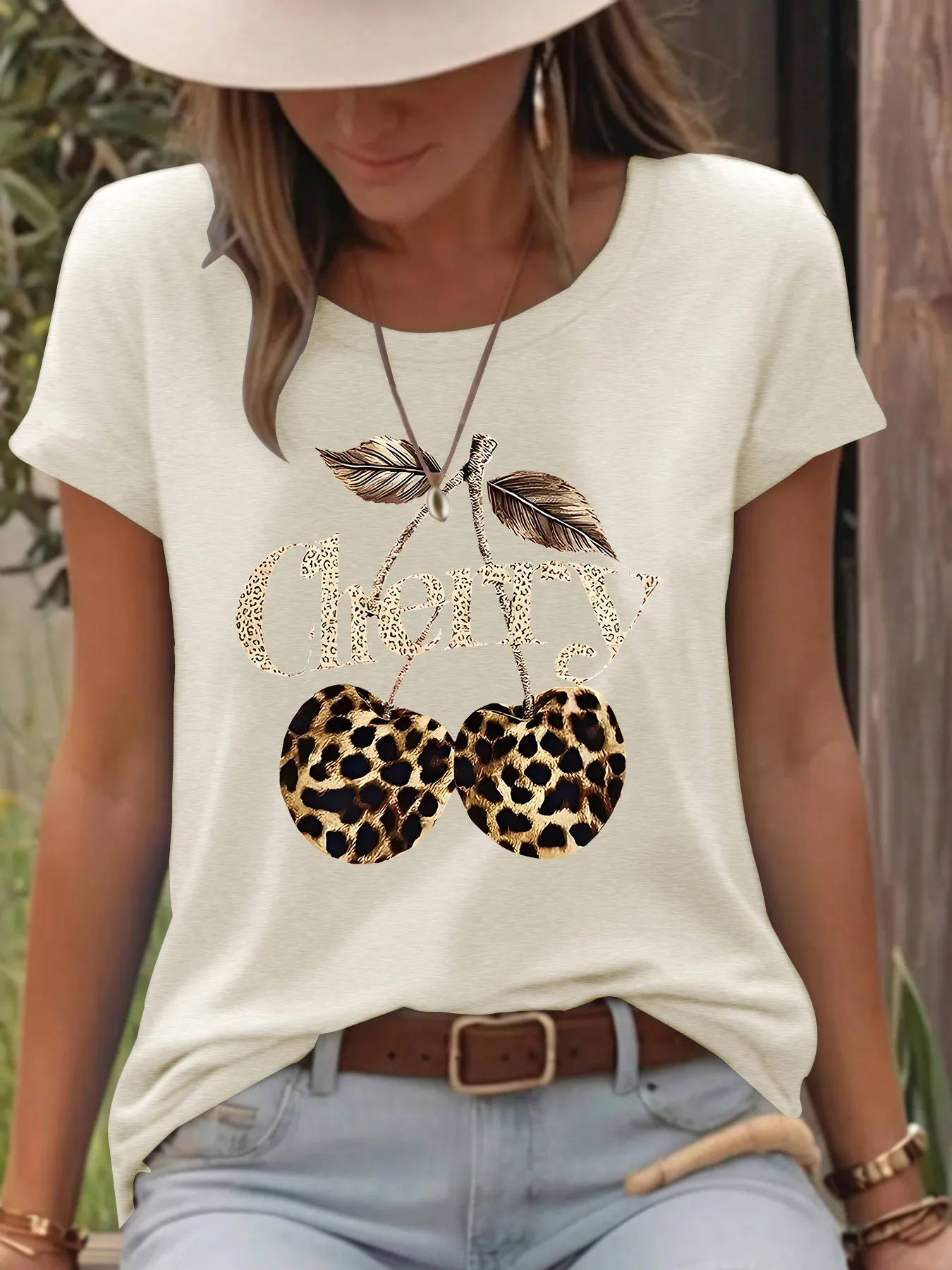Women's T-shirt Short Sleeve T-Shirts Printing Casual Pastoral Streetwear Vocabulary Words/Name Cherry Leopard display picture 2