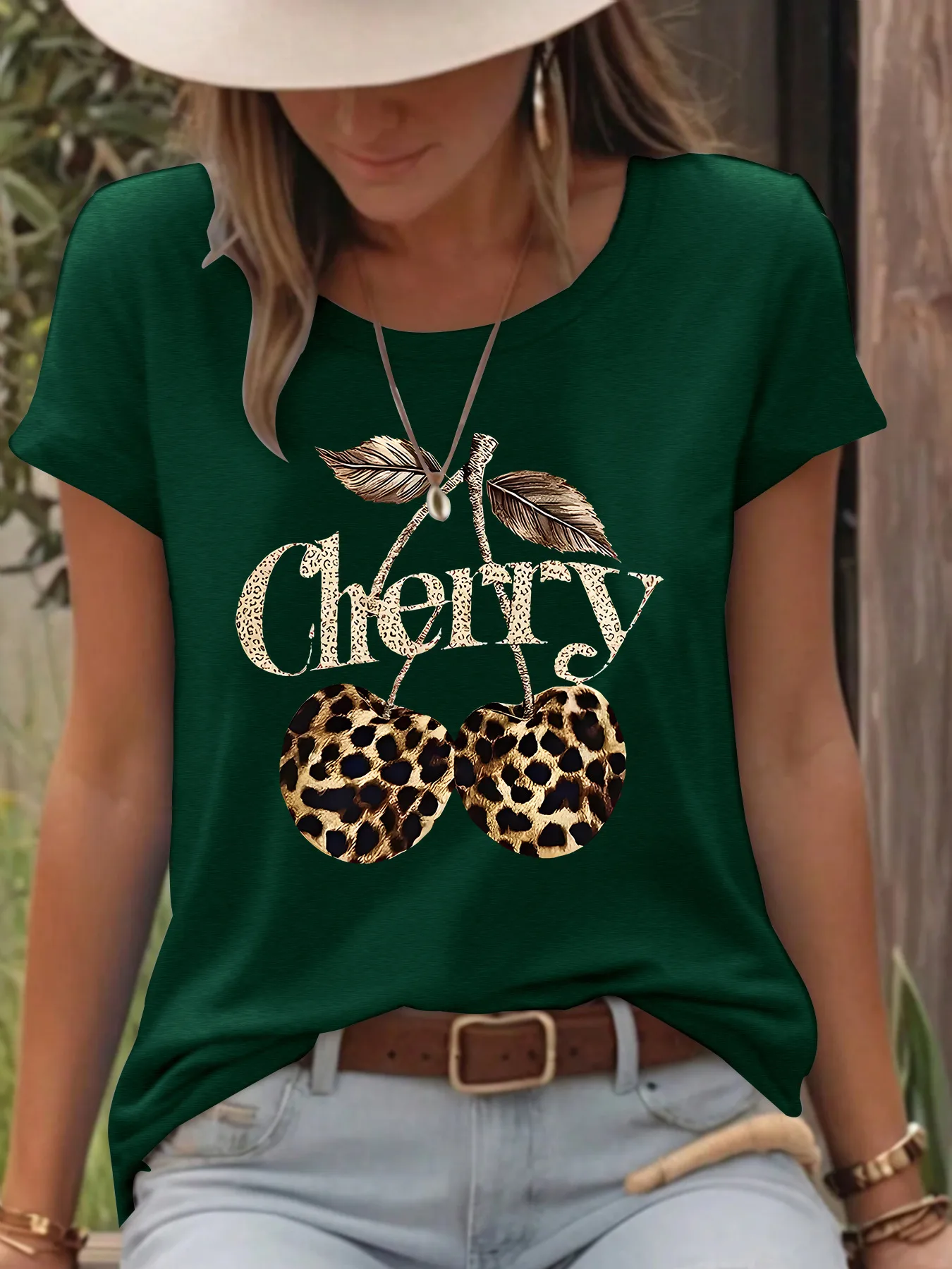 Women's T-shirt Short Sleeve T-Shirts Printing Casual Pastoral Streetwear Vocabulary Words/Name Cherry Leopard display picture 3