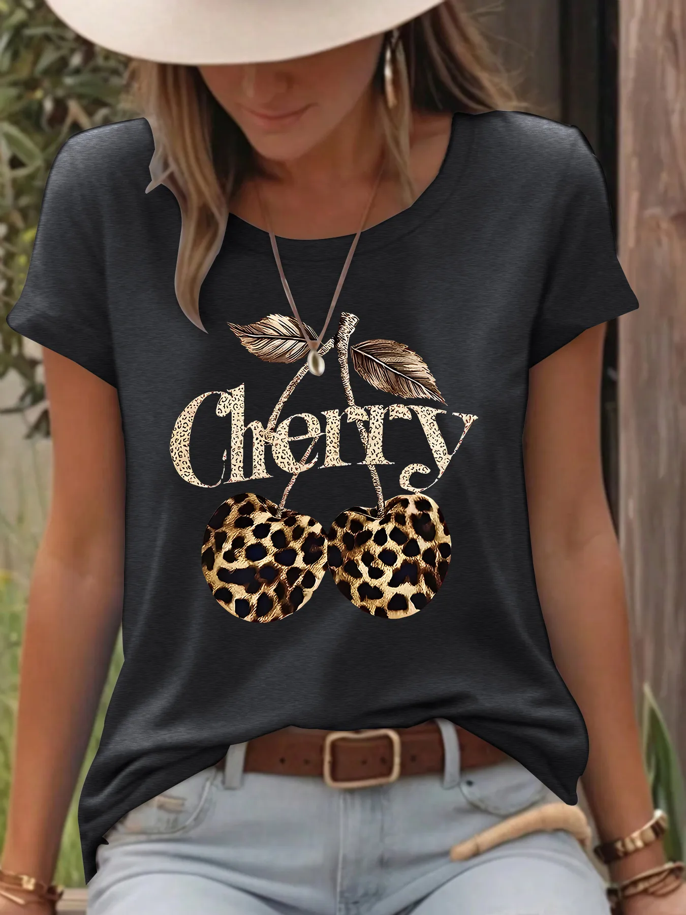 Women's T-shirt Short Sleeve T-Shirts Printing Casual Pastoral Streetwear Vocabulary Words/Name Cherry Leopard display picture 4