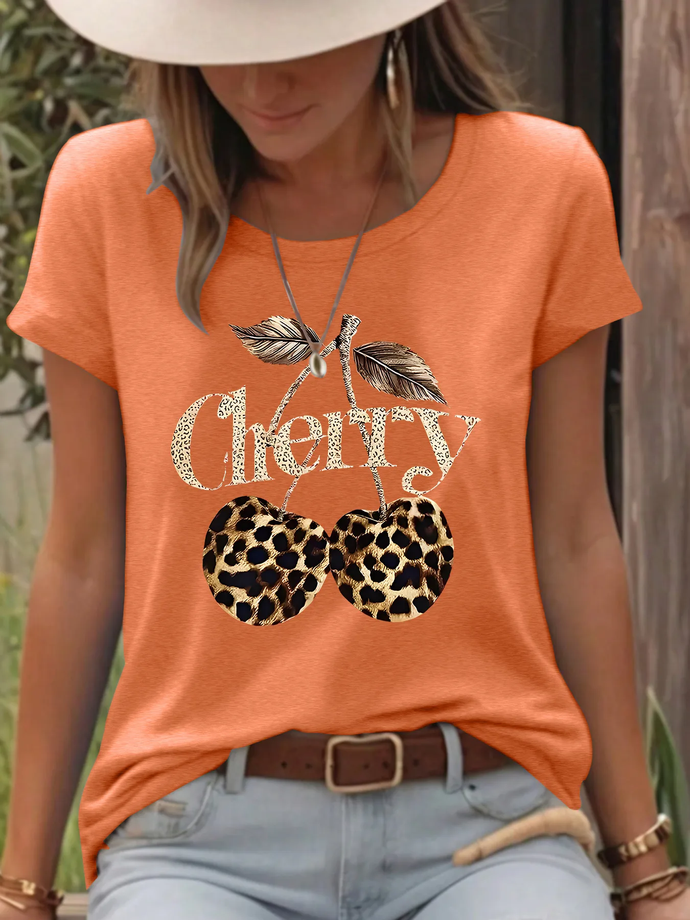 Women's T-shirt Short Sleeve T-Shirts Printing Casual Pastoral Streetwear Vocabulary Words/Name Cherry Leopard display picture 5
