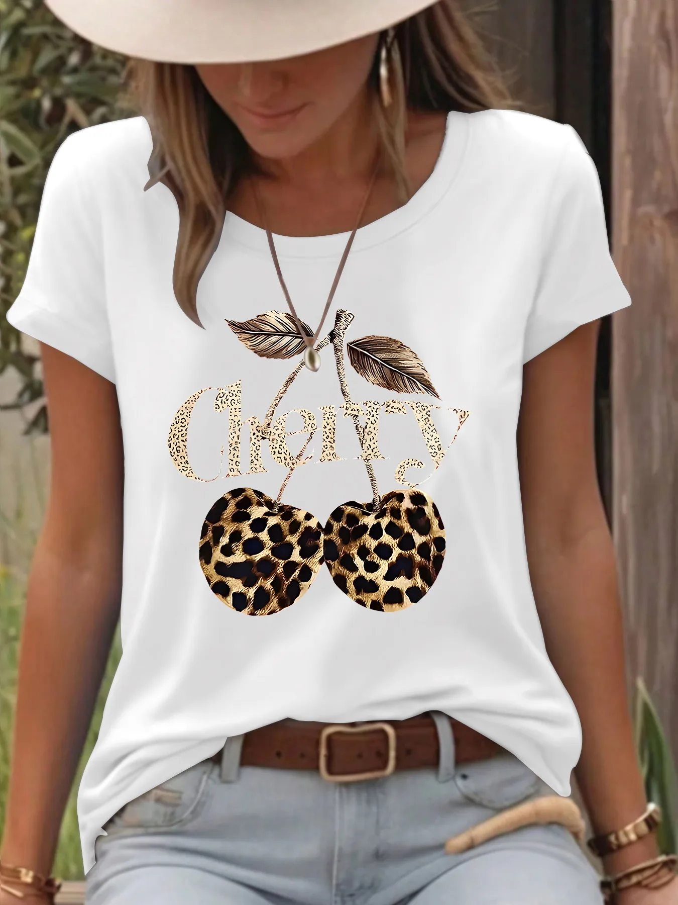Women's T-shirt Short Sleeve T-Shirts Printing Casual Pastoral Streetwear Vocabulary Words/Name Cherry Leopard display picture 7