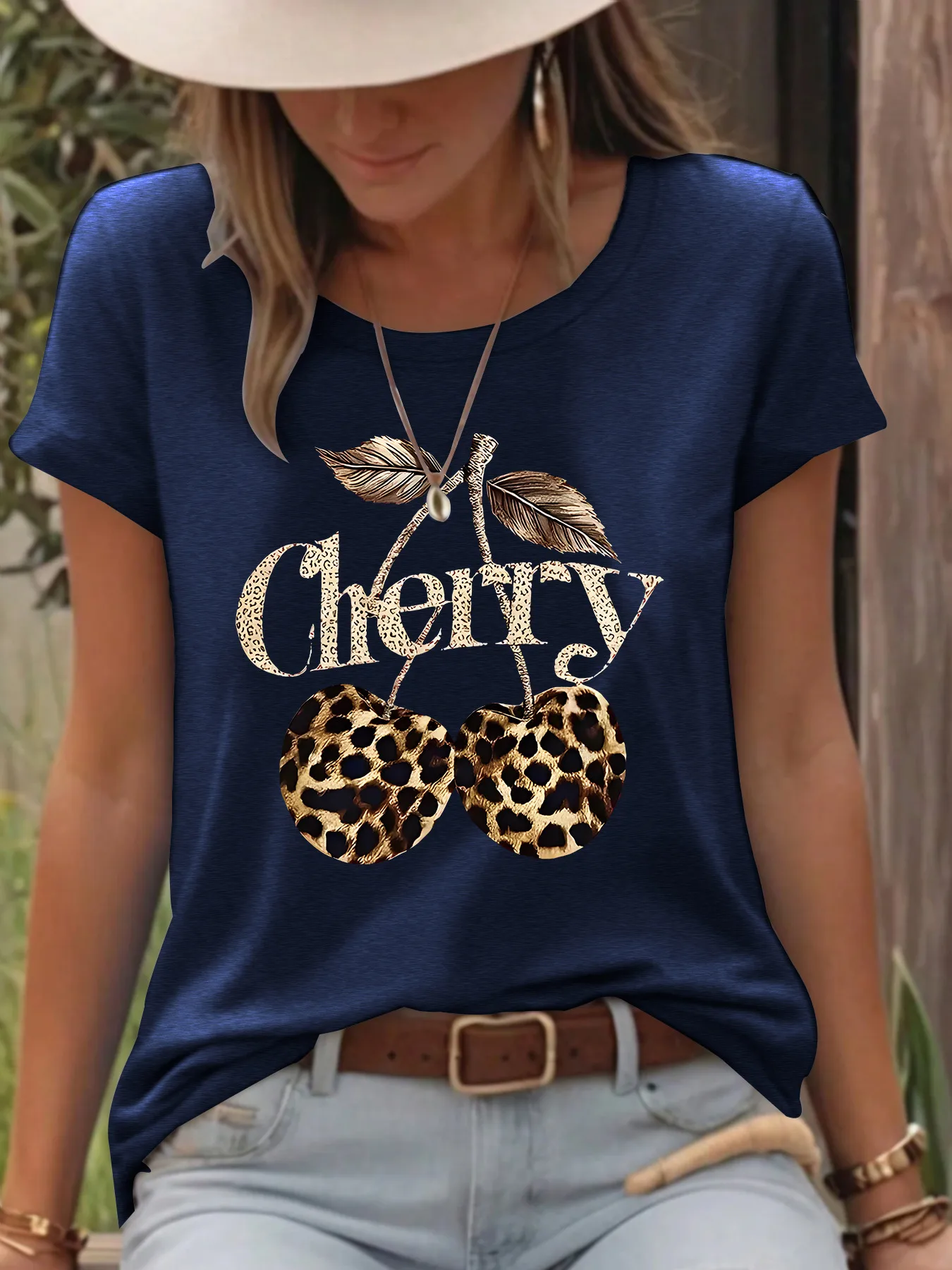 Women's T-shirt Short Sleeve T-Shirts Printing Casual Pastoral Streetwear Vocabulary Words/Name Cherry Leopard display picture 8