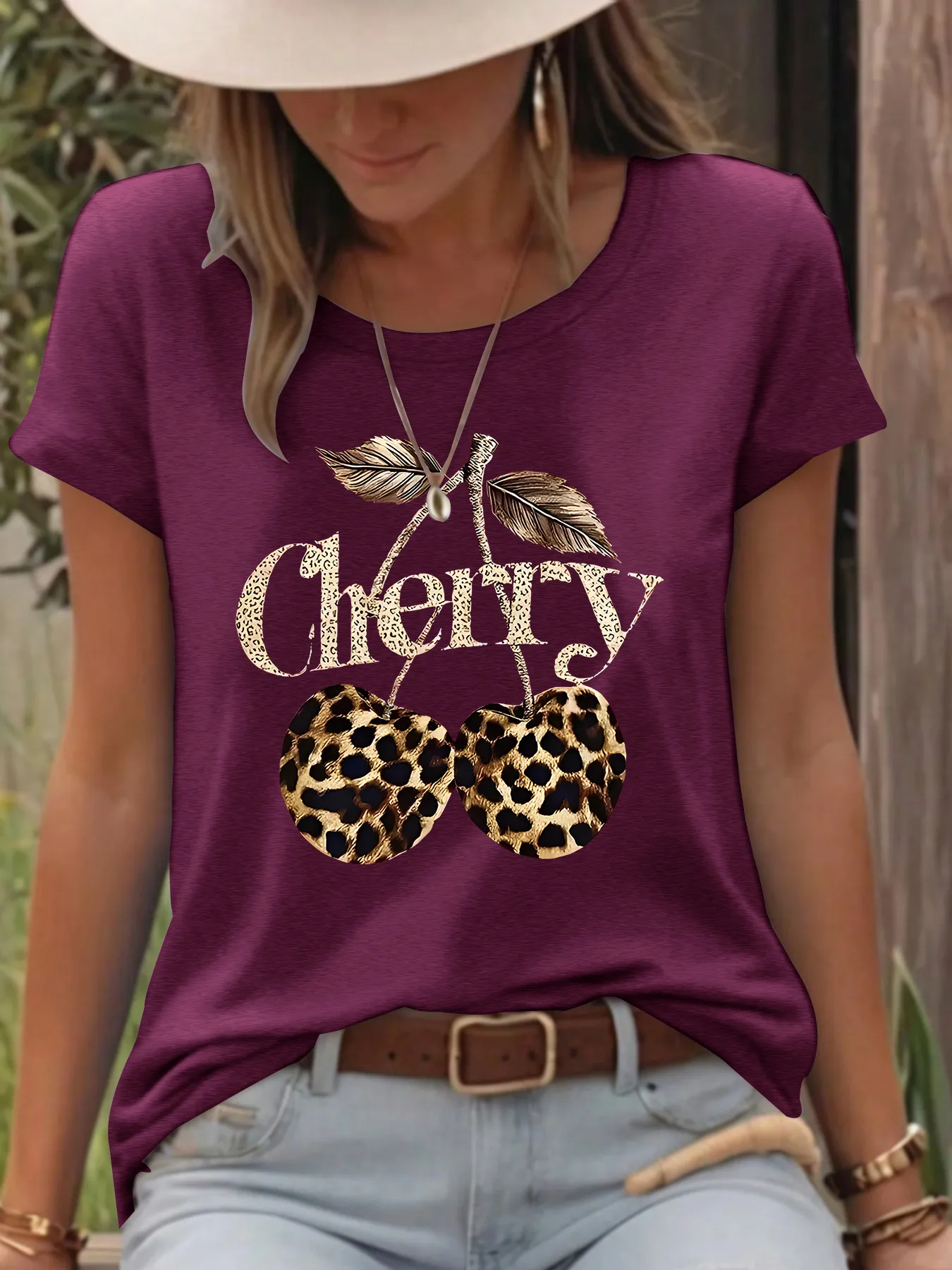 Women's T-shirt Short Sleeve T-Shirts Printing Casual Pastoral Streetwear Vocabulary Words/Name Cherry Leopard display picture 10