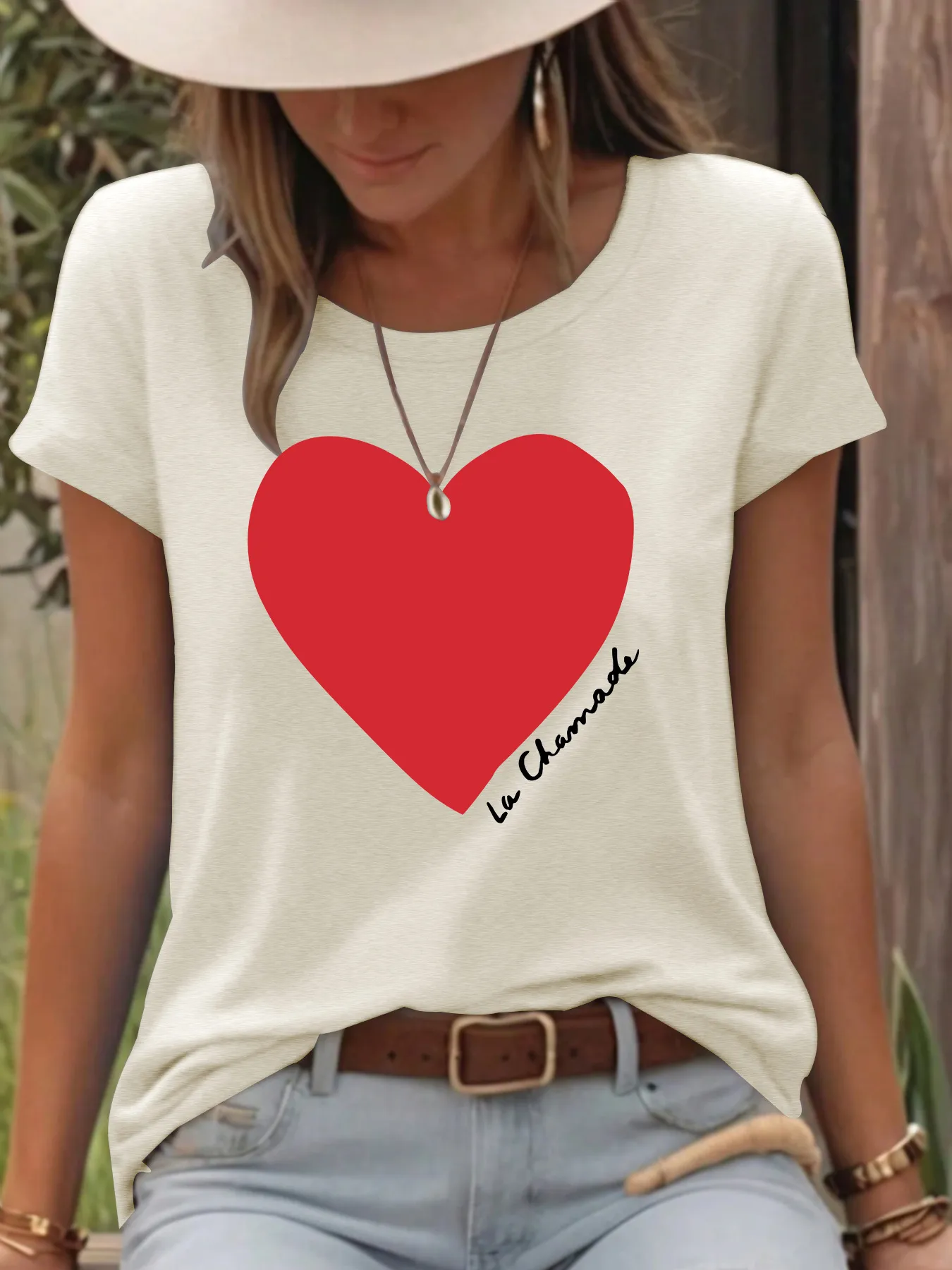 Women's T-shirt Short Sleeve T-Shirts Printing Casual Pastoral Streetwear Vocabulary Words/Name Heart Shape display picture 9