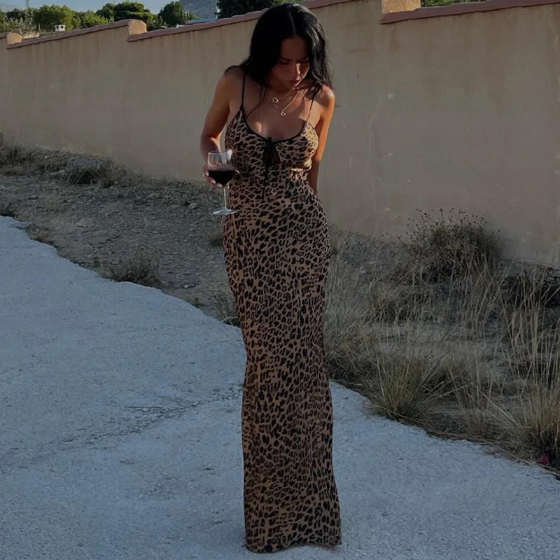Women's Strap Dress Elegant Strap Backless Sleeveless Leopard Maxi Long Dress Holiday display picture 3