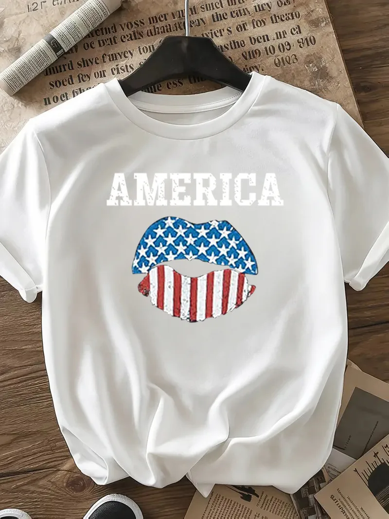 Women's T-shirt Short Sleeve T-Shirts Casual Vocabulary Words/Name Star Stripe display picture 16