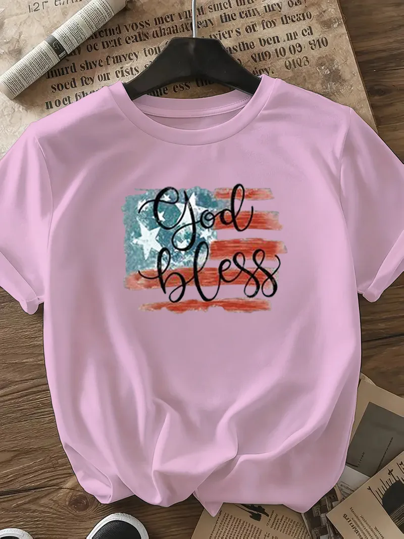 Women's T-shirt Short Sleeve T-Shirts Casual Vocabulary Words/Name Star Stripe display picture 27