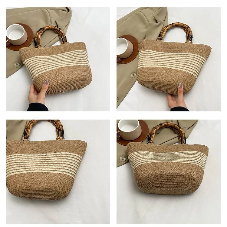 Women's Straw Color Block Stripe Vacation Square Zipper Straw Bag display picture 1