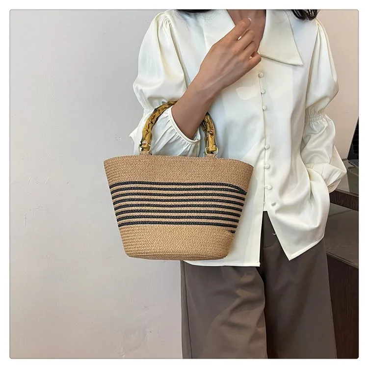 Women's Straw Color Block Stripe Vacation Square Zipper Straw Bag display picture 3