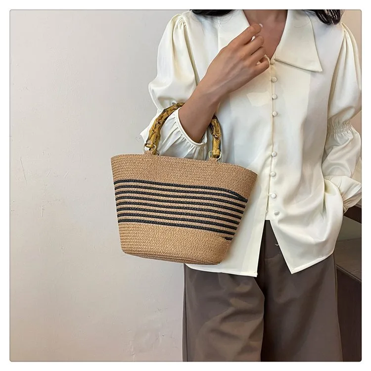 Women's Straw Color Block Stripe Vacation Square Zipper Straw Bag display picture 2