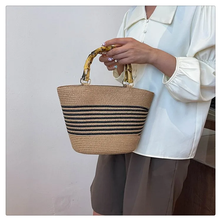 Women's Straw Color Block Stripe Vacation Square Zipper Straw Bag display picture 4