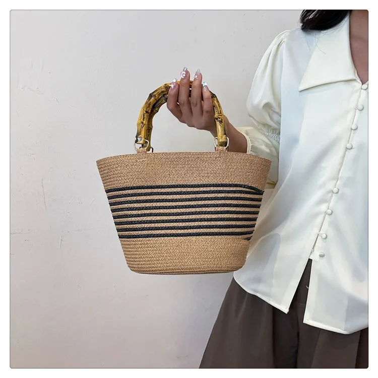 Women's Straw Color Block Stripe Vacation Square Zipper Straw Bag display picture 6