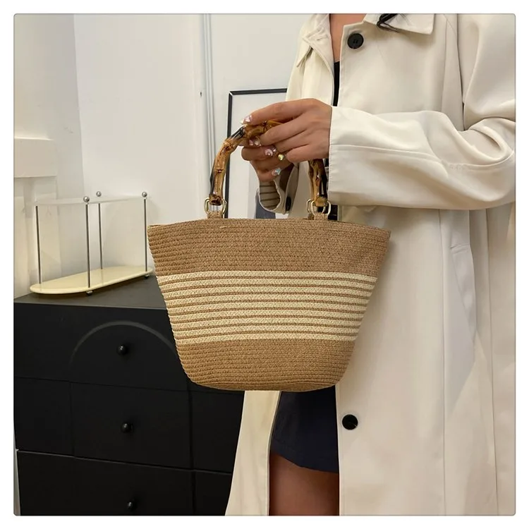 Women's Straw Color Block Stripe Vacation Square Zipper Straw Bag display picture 15