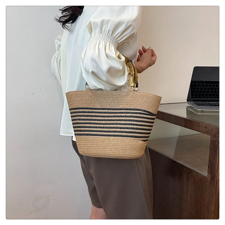 Women's Straw Color Block Stripe Vacation Square Zipper Straw Bag display picture 18