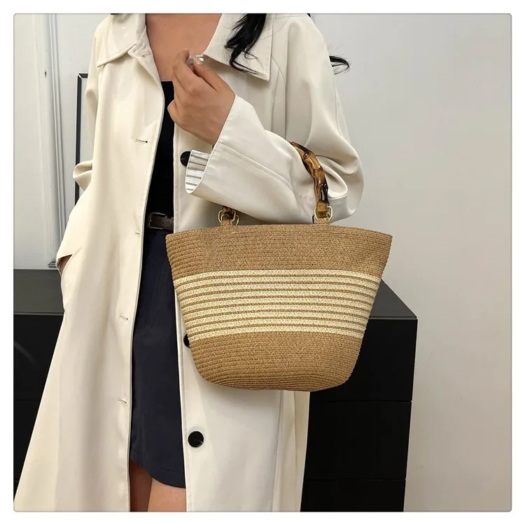 Women's Straw Color Block Stripe Vacation Square Zipper Straw Bag display picture 13