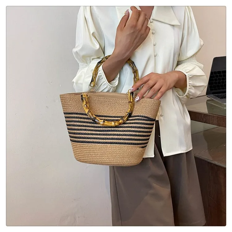 Women's Straw Color Block Stripe Vacation Square Zipper Straw Bag display picture 11