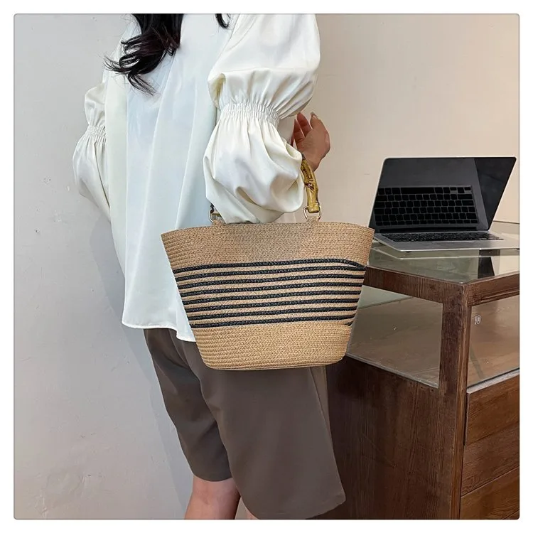 Women's Straw Color Block Stripe Vacation Square Zipper Straw Bag display picture 8