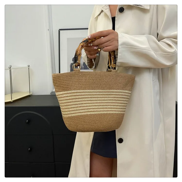 Women's Straw Color Block Stripe Vacation Square Zipper Straw Bag display picture 12