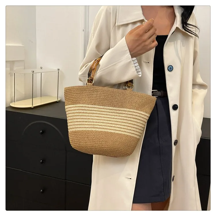 Women's Straw Color Block Stripe Vacation Square Zipper Straw Bag display picture 14