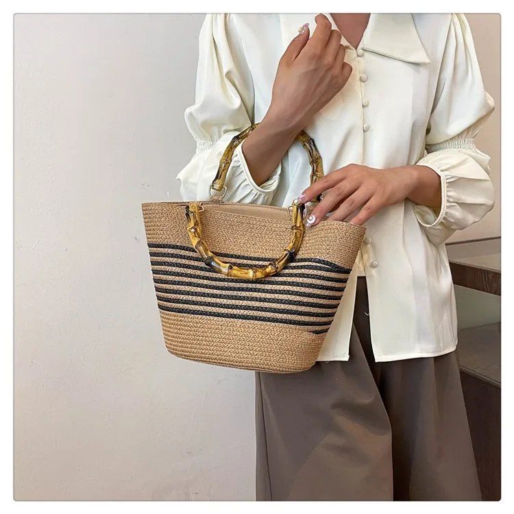 Women's Straw Color Block Stripe Vacation Square Zipper Straw Bag display picture 17
