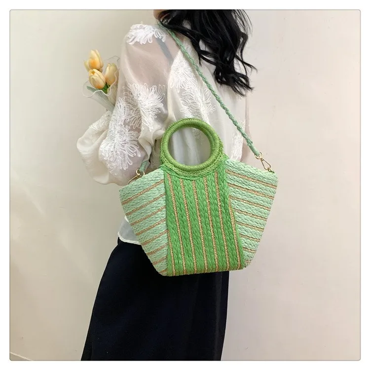 Women's Straw Color Block Stripe Vacation Streetwear Bucket Zipper Tote Bag Straw Bag display picture 2