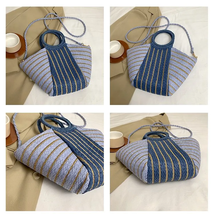 Women's Straw Color Block Stripe Vacation Streetwear Bucket Zipper Tote Bag Straw Bag display picture 1