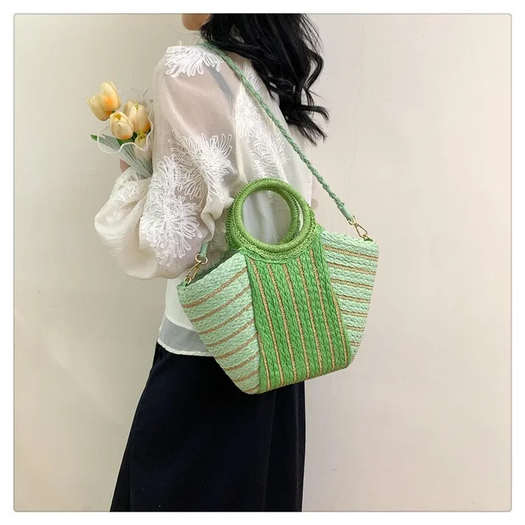 Women's Straw Color Block Stripe Vacation Streetwear Bucket Zipper Tote Bag Straw Bag display picture 6