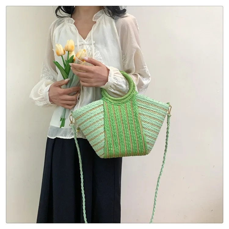 Women's Straw Color Block Stripe Vacation Streetwear Bucket Zipper Tote Bag Straw Bag display picture 5