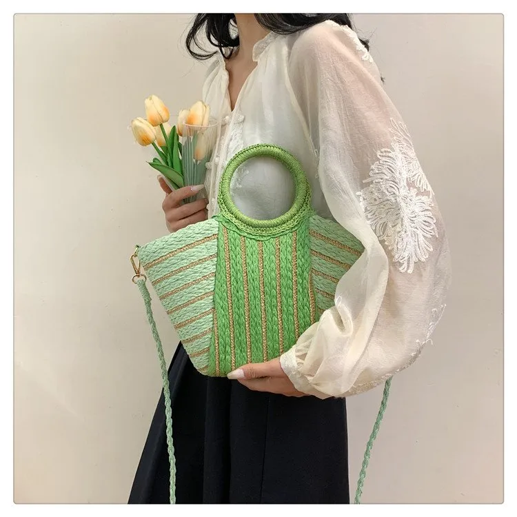 Women's Straw Color Block Stripe Vacation Streetwear Bucket Zipper Tote Bag Straw Bag display picture 14