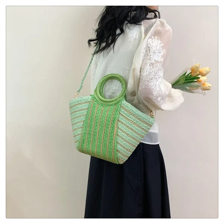 Women's Straw Color Block Stripe Vacation Streetwear Bucket Zipper Tote Bag Straw Bag display picture 10