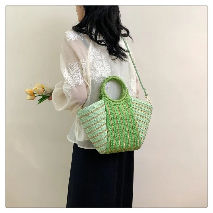Women's Straw Color Block Stripe Vacation Streetwear Bucket Zipper Tote Bag Straw Bag display picture 4