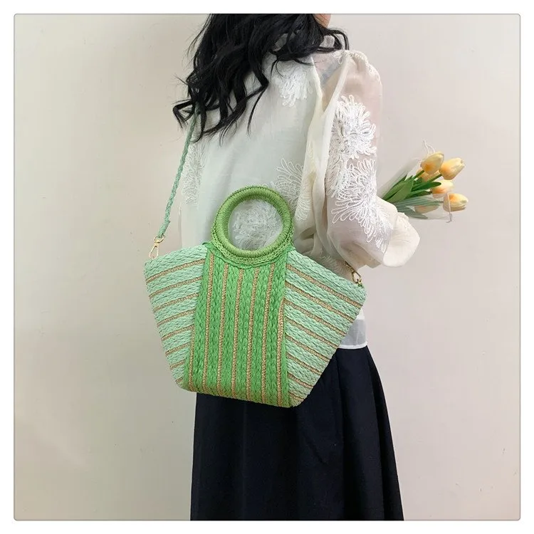 Women's Straw Color Block Stripe Vacation Streetwear Bucket Zipper Tote Bag Straw Bag display picture 12