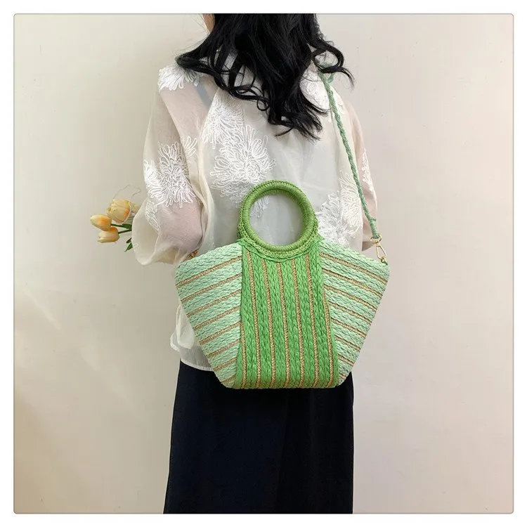 Women's Straw Color Block Stripe Vacation Streetwear Bucket Zipper Tote Bag Straw Bag display picture 8