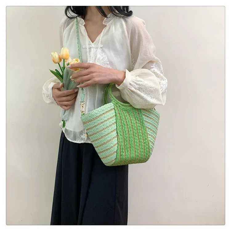 Women's Straw Color Block Stripe Vacation Streetwear Bucket Zipper Tote Bag Straw Bag display picture 9