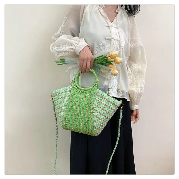 Women's Straw Color Block Stripe Vacation Streetwear Bucket Zipper Tote Bag Straw Bag display picture 11