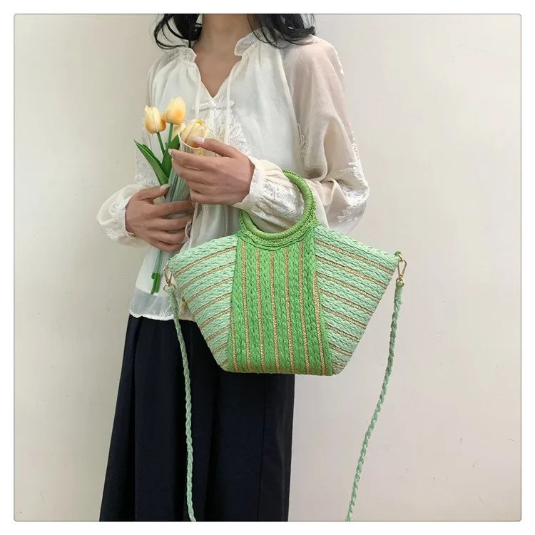 Women's Straw Color Block Stripe Vacation Streetwear Bucket Zipper Tote Bag Straw Bag display picture 7