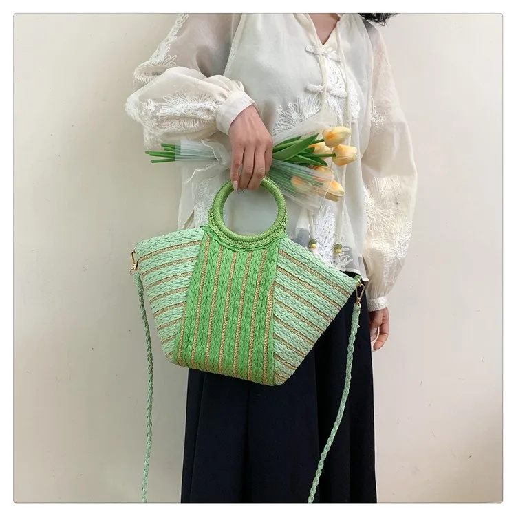 Women's Straw Color Block Stripe Vacation Streetwear Bucket Zipper Tote Bag Straw Bag display picture 15