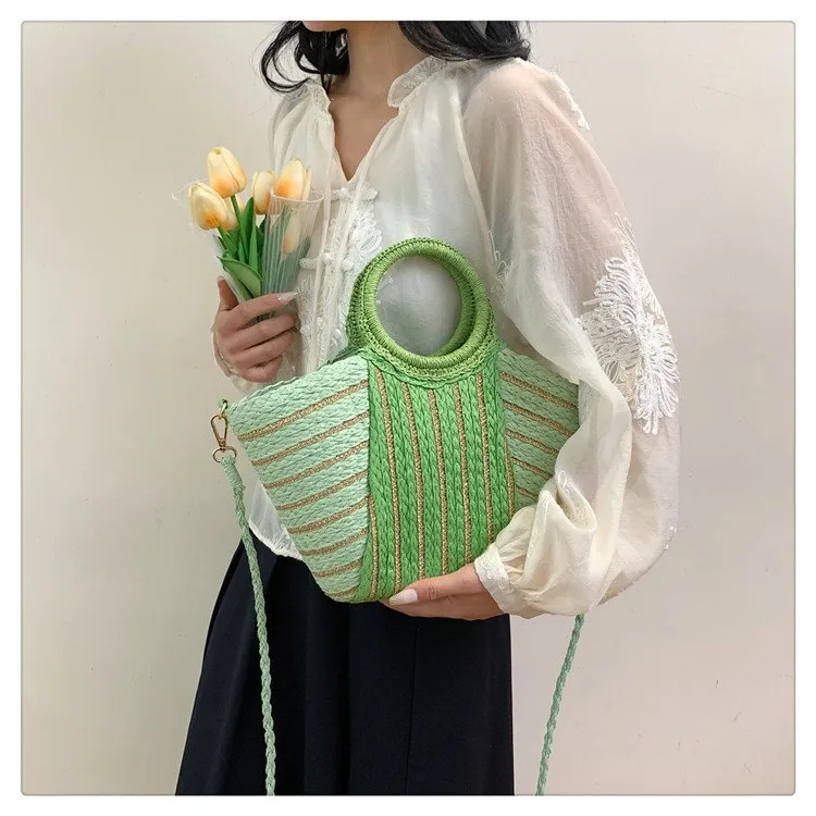 Women's Straw Color Block Stripe Vacation Streetwear Bucket Zipper Tote Bag Straw Bag display picture 13