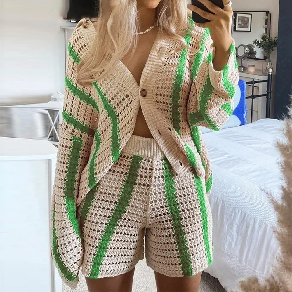 Autumn Sweet Casual Hollow Knitted Cardigan Women Jacket Shorts Set display picture 11