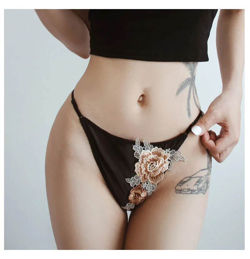 Foreign Trade  Embroidered Rose Internet Red High Fork Thin Belt T-shaped Underwear Ladies Low Waist Embroidered French Underwear display picture 12