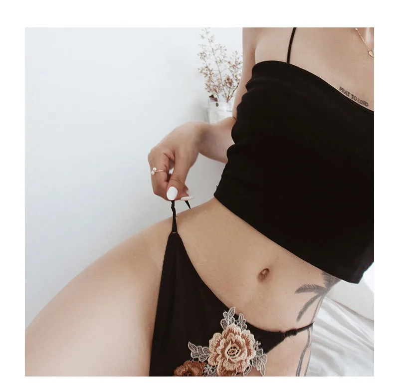 Foreign Trade  Embroidered Rose Internet Red High Fork Thin Belt T-shaped Underwear Ladies Low Waist Embroidered French Underwear display picture 13