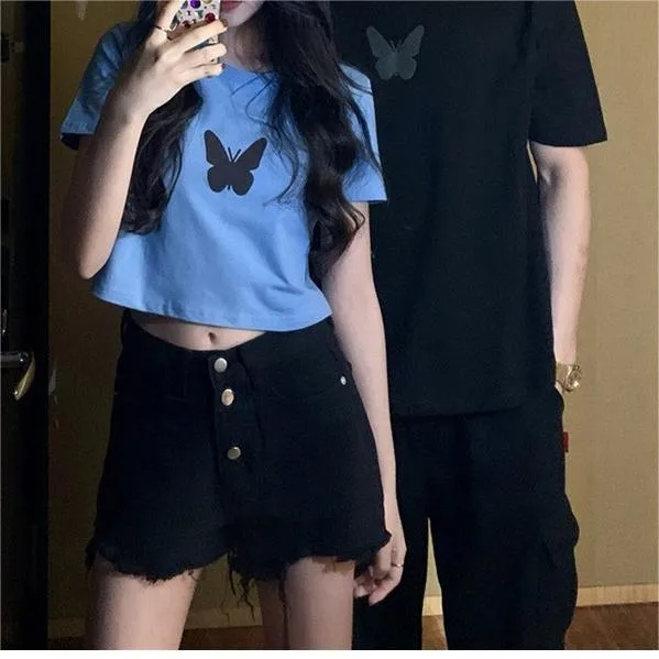 Summer  New Fashionable Internet Celebrity Couple Dress Reflective Butterfly Short-sleeved T-shirt Women's Summer Ins Super Fire Short Top display picture 2
