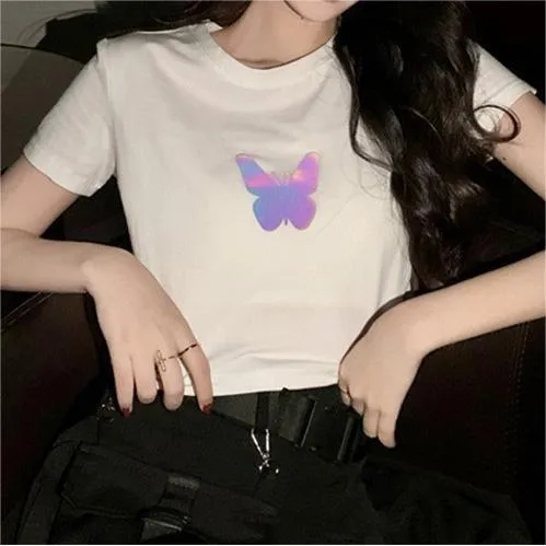Summer  New Fashionable Internet Celebrity Couple Dress Reflective Butterfly Short-sleeved T-shirt Women's Summer Ins Super Fire Short Top display picture 12