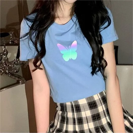 Summer  New Fashionable Internet Celebrity Couple Dress Reflective Butterfly Short-sleeved T-shirt Women's Summer Ins Super Fire Short Top display picture 7
